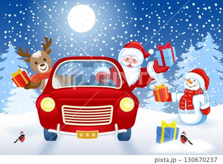 Christmas card with Santa Claus, fawn deer and funny Snowman in red vintage car with gift box against winter forest background. New Yea postcard in retro style. 130670237