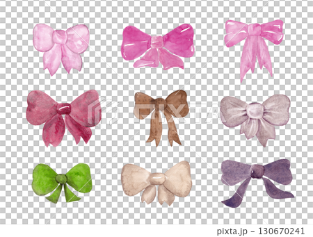 Multicolored bows: pink, red, brown, beige, green and purple. Large set. Festive accessories for your design. Isolated watercolor elements 130670241