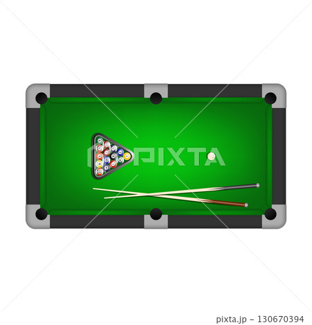 Billiard and Pool Table Top View with Triangle Rack of Balls, White Cue Ball and Two Pool Cues. Realistic Vector Illustration of Snooker Game Isolated 130670394