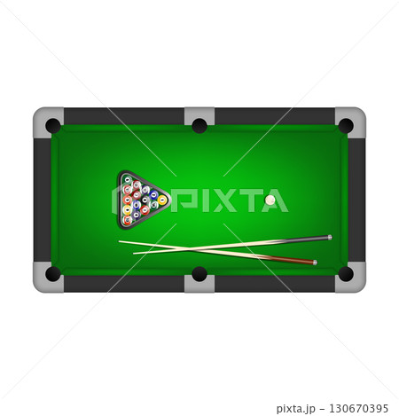 Billiard and Pool Table Top View with Triangle Rack of Balls, White Cue Ball and Two Pool Cues. Realistic Vector Illustration of Snooker Game Isolated Billiard and Pool Table Top View with Triangle Rack of Balls, White Cue Ball and Two Pool Cues. Realistic Vector Illustration of Snooker Game Isolated 130670395
