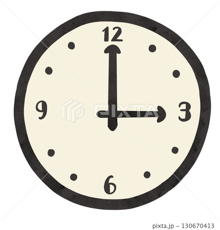 シンプルな時計3時　水彩風手描きイラスト 130670413