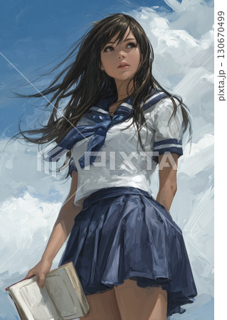 青空の下で本を読む女子高生の肖像 – 初夏の風を感じる爽やかな青春のワンシーン 130670499