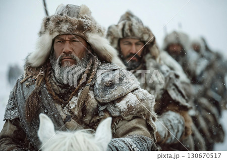 Warriors in fur coats battle against winter during the Nogai Kalmyk War in a snowy landscape 130670517
