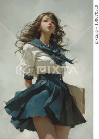 風にスカートが揺れる女子高生の横顔 – 懐かしさと希望が交差する青春の一瞬 130670519