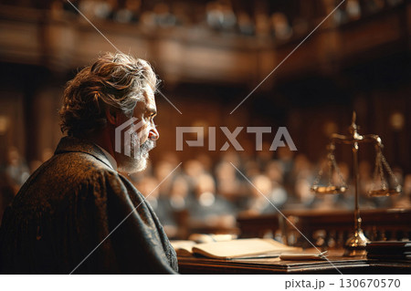 Judge delivers final verdict during courtroom session on sentencing with audience present 130670570