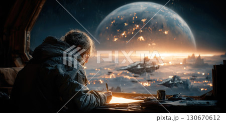 Writer creates an imaginative story amidst a dramatic space battle and distant moons Writer creates an imaginative story amidst a dramatic space battle and distant moons 130670612