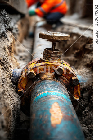 Water utility pipe repair in progress with a focus on the valve and pipe structure 130670662