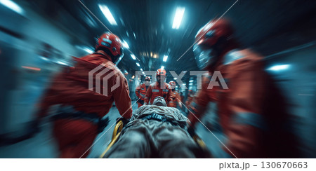 Doctors rush a patient on a gurney in a modern emergency room during a life saving situation 130670663