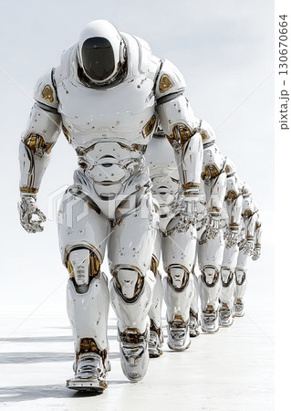 Group of advanced robots walking in formation on white background showcasing production technology 130670664
