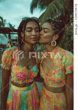 Cheerful girls share a kiss at a tropical resort celebrating love and equality 130670676