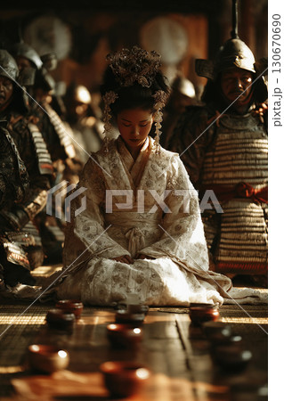 Geisha performs traditional tea ceremony amid samurai warriors in Japanese culture Geisha performs traditional tea ceremony amid samurai warriors in Japanese culture 130670690