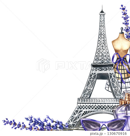 Frame with Parisian beauty and fashion. The illustrations are hand-drawn watercolors. The Eiffel Tower, perfume, lavender, glasses, lipstick, and a tailor's dummy. For Women's Day, mothers or spouses 130670916