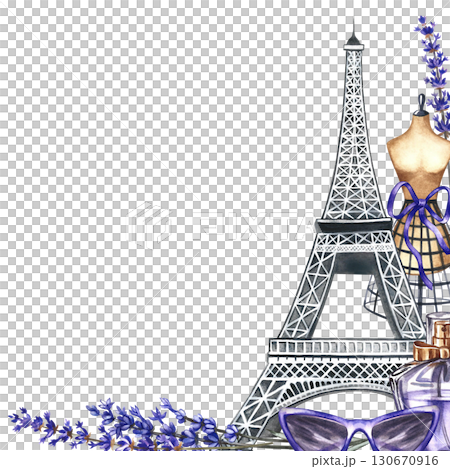Frame with Parisian beauty and fashion. The illustrations are hand-drawn watercolors. The Eiffel Tower, perfume, lavender, glasses, lipstick, and a tailor's dummy. For Women's Day, mothers or spouses 130670916