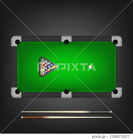 Billiard and Pool Table Top View with Triangle Rack of Balls, White Cue Ball and Two Pool Cues. Realistic Vector Illustration of Snooker Game Isolated 130671037
