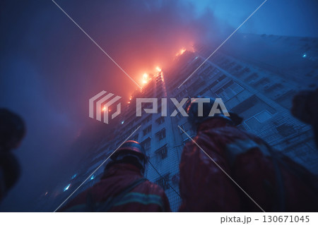 Fire brigade crew battles blaze in high rise building during night hours 130671045