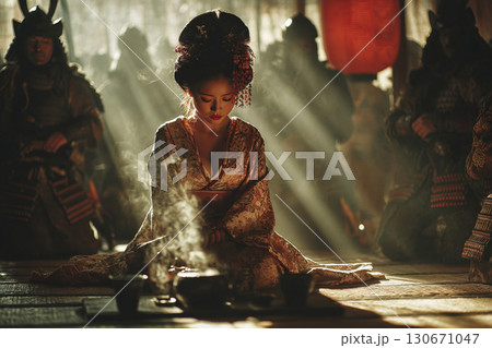 Geisha performing tea ceremony amidst samurai warriors in traditional Japanese culture 130671047