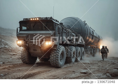 Military special forces transport nuclear missile on advanced military tractor in war zone 130671048