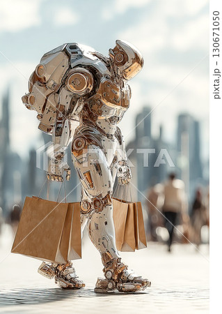 Shiny robot exoskeleton delivers groceries in urban setting with high realism 130671050
