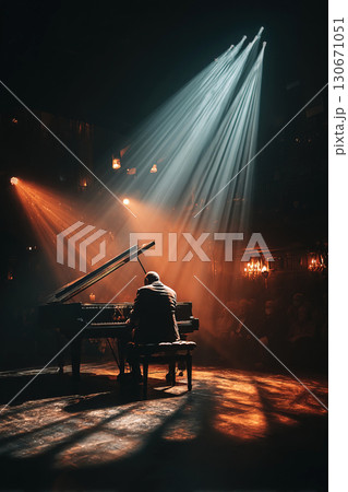Pianist performs captivating concert in spotlight on stage with passionate audience 130671051