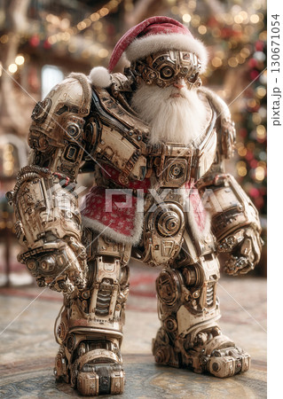 Robot chrome exoskeleton Santa Claus stands near a decorated quantum fir tree in festive setting 130671054