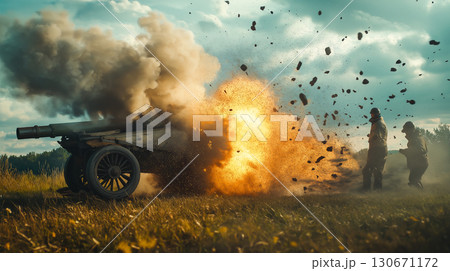 A howitzer erupts with force, sending smoke and debris into the air. Soldiers maneuver around the artillery in a dynamic display of military power during a training session in the field. 130671172