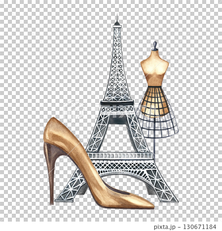 Parisian fashion. Hand-drawn watercolor illustration. The Eiffel Tower, a woman's high-heeled shoe, and a tailor's dummy. Suitable for postcards, stickers, packaging, and more. 130671184