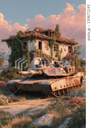 Modern American tank engages targets in ruined house setting amidst scenic landscape 130671245