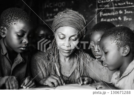 Teacher engages with children in rural African school during educational activity 130671288