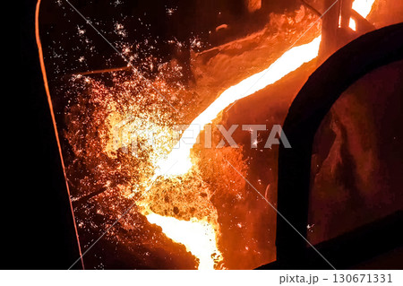 Molten iron stream in a steel mill. Molten iron stream in a steel mill. 130671331