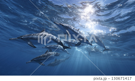 イルカが海中を群れで泳ぐ様子 130671417