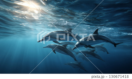 イルカが海中を群れで泳ぐ様子 130671418
