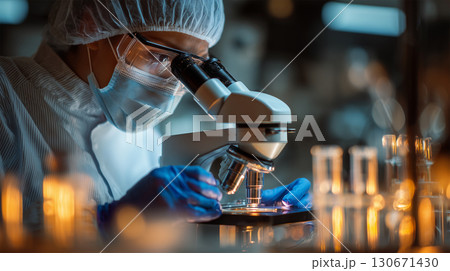クリーンルームで日本人男性が観察する様子 130671430