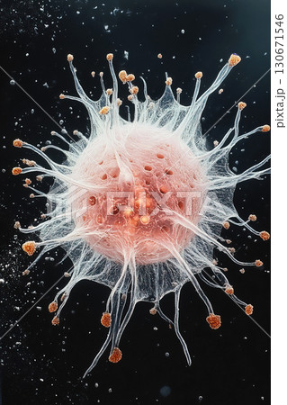 Light pink sperm reproduction cell depicted under a microscope on a dark background 130671546