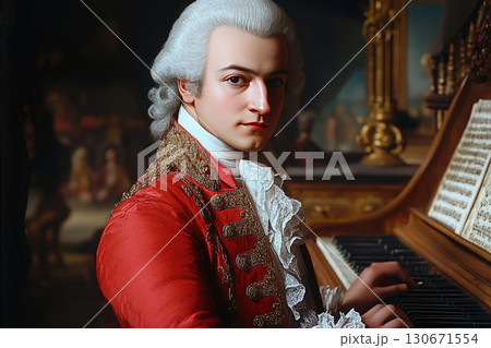 Wolfgang Amadeus Mozart performing at a grand piano in an elegant setting 130671554