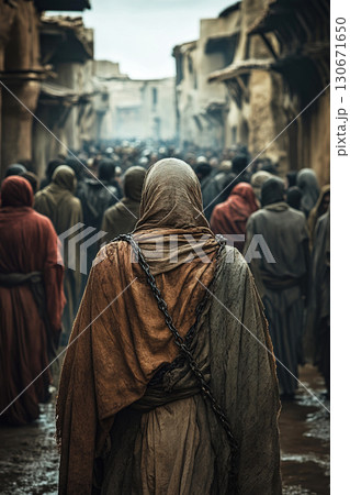 Chained individuals walk through the bustling marketplace of the ancient Arab slave trade Chained individuals walk through the bustling marketplace of the ancient Arab slave trade 130671650