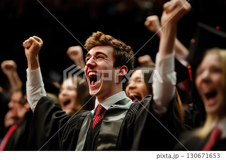 University students celebrate graduation joyfully as they complete their studies in ceremony 130671653
