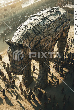 Aerial view of the iconic Trojan horse in a historic battle setting 130671654