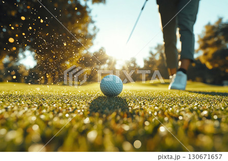 Golf ball flying from club strike on a bright day in lush green grass 130671657