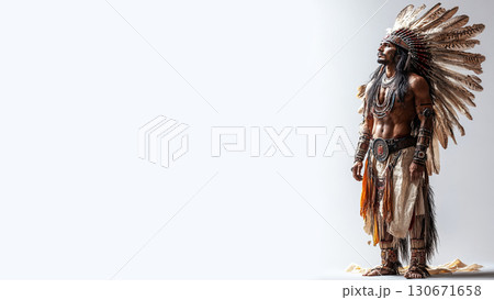 Indian warrior in traditional armor posing confidently on a white background. Header banner mockup with copy space. 130671658