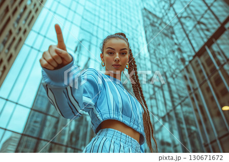 Celebrity woman in tracksuit poses with thumb down against mirrored business center backdrop 130671672