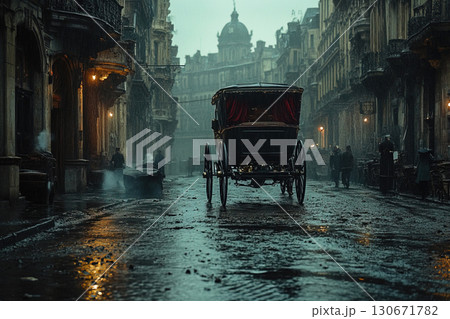 Antique carriage travels through an empty morning street in an old city 130671782