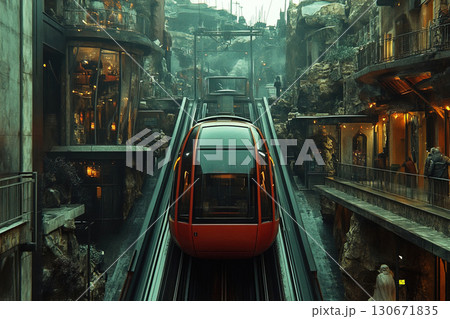 Modern funicular operates in a vibrant city landscape surrounded by unique architecture 130671835