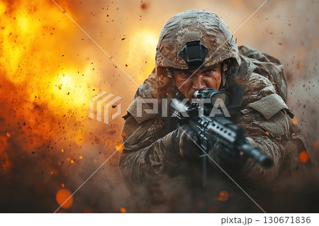Modern soldier engaging in combat amid explosions during military action 130671836