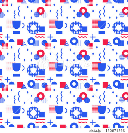 ドーナツとコーヒーの幾何学シームレスパターン（トリコロール） 130671868
