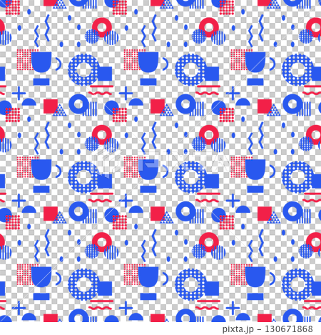 ドーナツとコーヒーの幾何学シームレスパターン（トリコロール） 130671868
