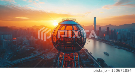 Modern Ferris wheel attraction offers stunning views of a city during sunset. Header banner mockup with copy space. 130671884