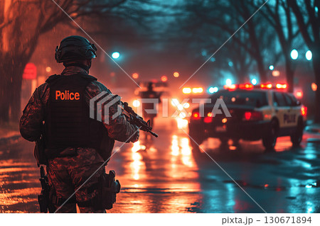 Special Forces Police prepare for operation at crime scene with flashing lights and barricades 130671894