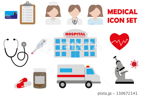 medical care illustration element set. Insurance, medical record, doctor, nurse, surgeon, hospital building, ambulance, laboratory, virus, microscope, medicine, pill, heart, cardio, thermometer medical care illustration element set. Insurance, medical record, doctor, nurse, surgeon, hospital building, ambulance, laboratory, virus, microscope, medicine, pill, heart, cardio, thermometer 130672141