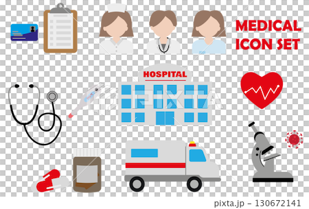 medical care illustration element set. Insurance, medical record, doctor, nurse, surgeon, hospital building, ambulance, laboratory, virus, microscope, medicine, pill, heart, cardio, thermometer medical care illustration element set. Insurance, medical record, doctor, nurse, surgeon, hospital building, ambulance, laboratory, virus, microscope, medicine, pill, heart, cardio, thermometer 130672141