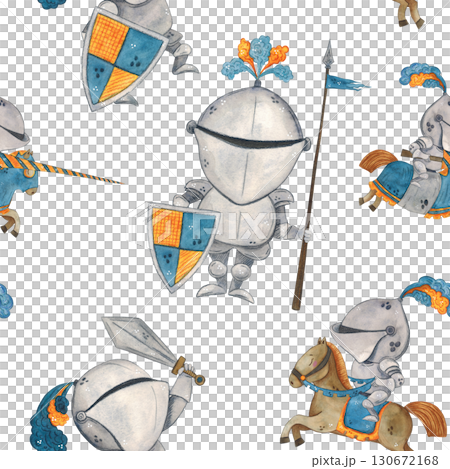 Seamless pattern medieval knights, cartoon. Watercolor hand drawn illustration. Drawing for paper, textile, cards, scrapbooking. History, tournament, battle, warrior, horse, armor 130672168